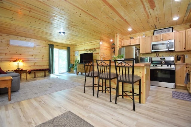 3542 Treasure Island Ter, Danbury, WI 54830 - kitchen with stainless steel appliances, open floor plan, wood ceiling, light brown cabinets, and a breakfast bar