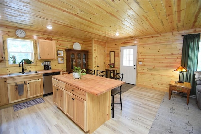 3542 Treasure Island Ter, Danbury, WI 54830 - kitchen featuring stainless steel dishwasher, light brown cabinets, a sink, wood counters, and wooden ceiling