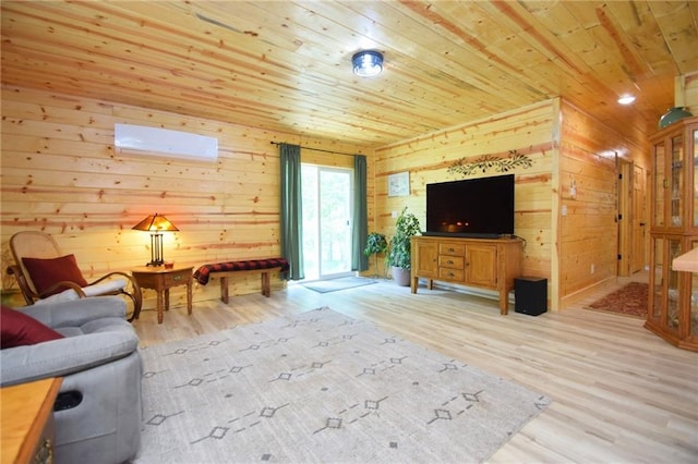 3542 Treasure Island Ter, Danbury, WI 54830 - living room featuring wood finished floors, a wall mounted air conditioner, wooden ceiling, and wooden walls