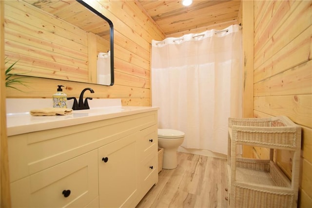 3542 Treasure Island Ter, Danbury, WI 54830 - bathroom featuring wooden walls, wood ceiling, toilet, wood finished floors, and vanity