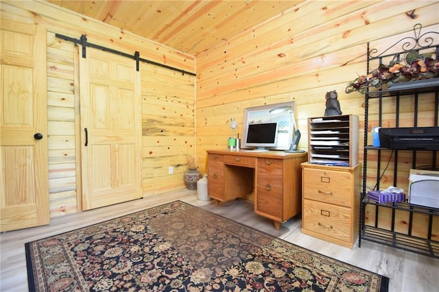 3542 Treasure Island Ter, Danbury, WI 54830 - office space featuring a barn door, wood ceiling, wood finished floors, and wood walls