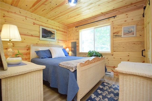 3542 Treasure Island Ter, Danbury, WI 54830 - bedroom with baseboard heating, wood finished floors, wood ceiling, and wood walls