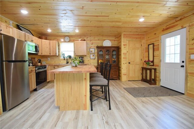 3542 Treasure Island Ter, Danbury, WI 54830 - kitchen featuring stainless steel appliances, butcher block counters, light brown cabinetry, wooden ceiling, and a kitchen bar