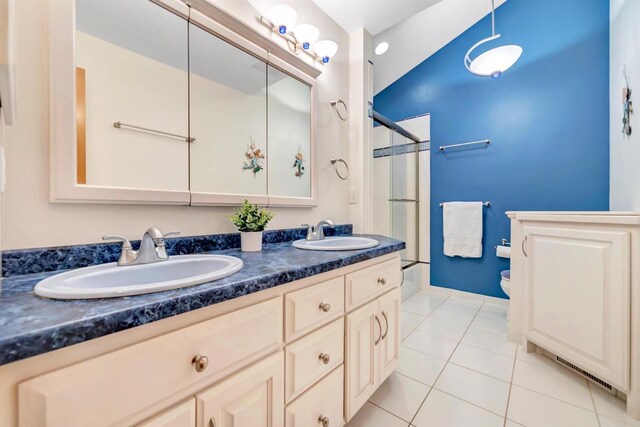 4514 Mohawk Ct, Green Bay, WI 54313 - full bathroom featuring a shower with shower door, double vanity, toilet, and tile patterned flooring