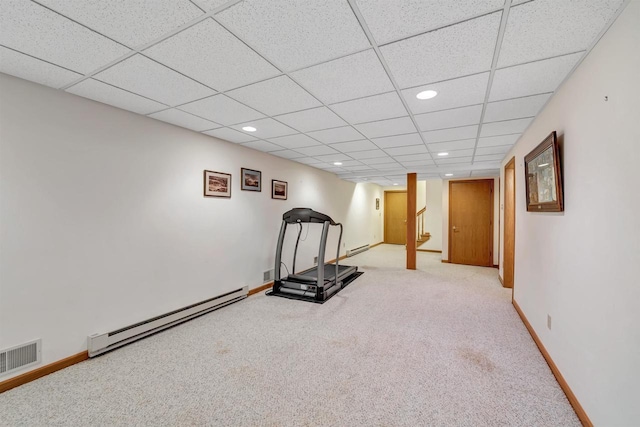 4514 Mohawk Ct, Green Bay, WI 54313 - exercise area featuring baseboard heating, carpet, recessed lighting, baseboards, and a drop ceiling