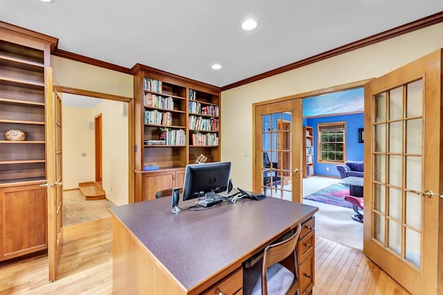 4514 Mohawk Ct, Green Bay, WI 54313 - office space with french doors, crown molding, light wood-type flooring, recessed lighting, and baseboards