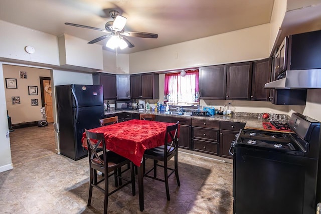 137 W Hadley St Unit 139, Milwaukee, WI 53212 - kitchen with black appliances, under cabinet range hood, dark brown cabinetry, ceiling fan, and a sink