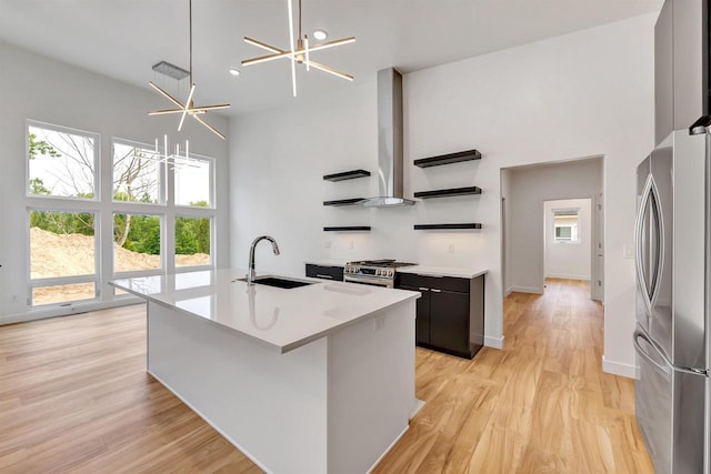 3644 W Hank Ave, De Pere, WI 54115 - kitchen with appliances with stainless steel finishes, a sink, a high ceiling, exhaust hood, and a center island with sink