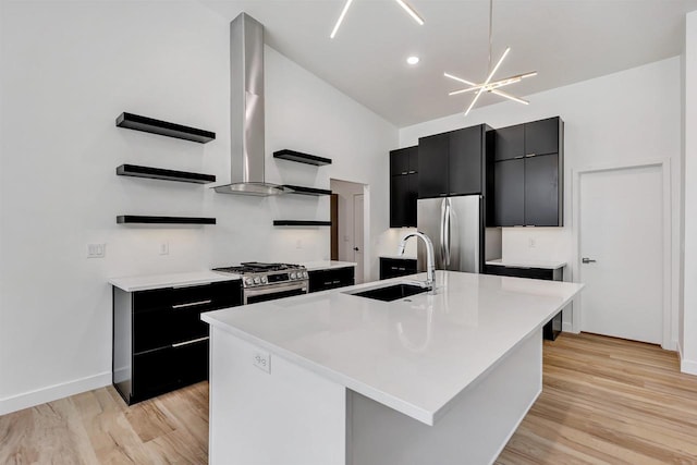 3644 W Hank Ave, De Pere, WI 54115 - kitchen featuring dark cabinetry, appliances with stainless steel finishes, open shelves, a sink, and island exhaust hood
