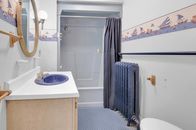 1616 7th St, Menomonie, MI 49858 - bathroom featuring radiator heating unit, vanity, shower / tub combo, and toilet