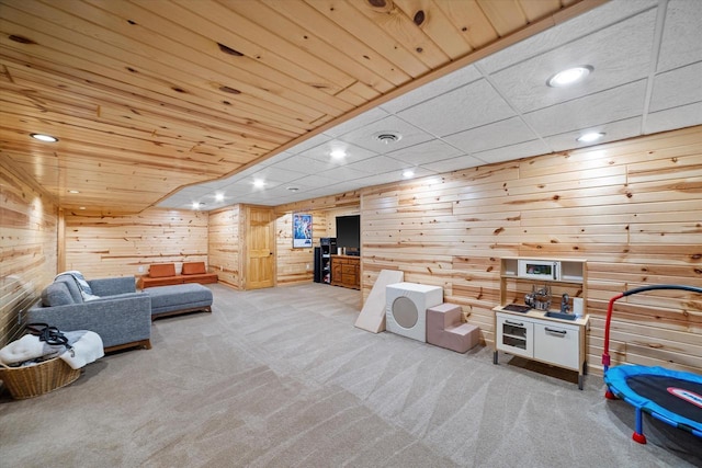 4062 S 106th St, Greenfield, WI 53228 - game room featuring light carpet, wood walls, and recessed lighting