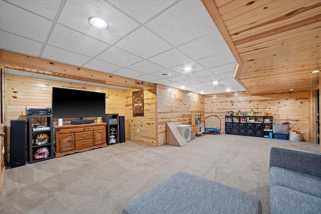 4062 S 106th St, Greenfield, WI 53228 - living room featuring carpet floors, wood walls, a paneled ceiling, and recessed lighting