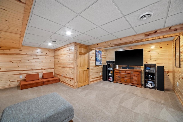 4062 S 106th St, Greenfield, WI 53228 - carpeted living room with wood walls and a drop ceiling