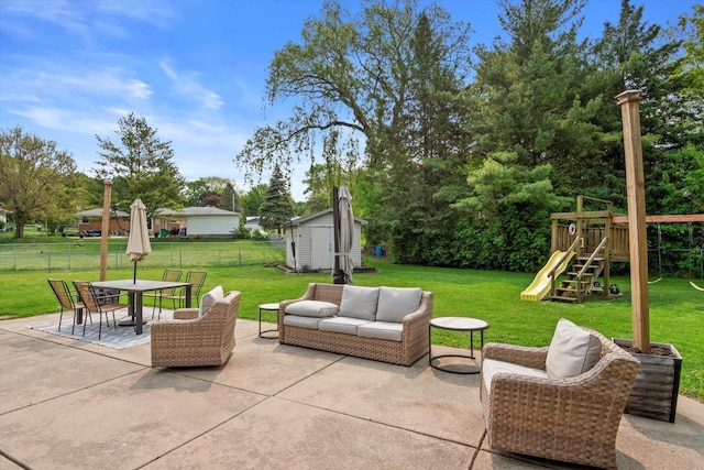 4062 S 106th St, Greenfield, WI 53228 - view of patio / terrace with outdoor dining space, a playground, and outdoor lounge area