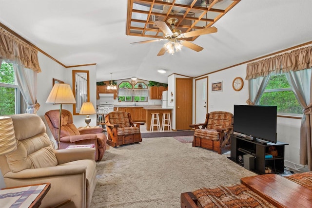 1630 Hawkshead Trl, Nekoosa, WI 54457 - carpeted living area featuring lofted ceiling, a ceiling fan, crown molding, and a sink