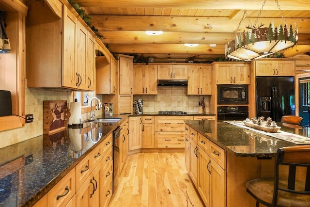 W6034 N Lake Dr, New Lisbon, WI 53950 - kitchen featuring black appliances, a sink, under cabinet range hood, light wood-style flooring, and light brown cabinets