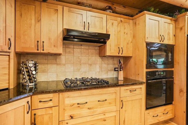 W6034 N Lake Dr, New Lisbon, WI 53950 - kitchen featuring black appliances, under cabinet range hood, light brown cabinets, tasteful backsplash, and wooden ceiling