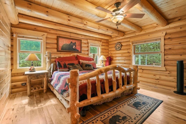 W6034 N Lake Dr, New Lisbon, WI 53950 - bedroom featuring wood ceiling with exposed beams, wood-type flooring, and log walls