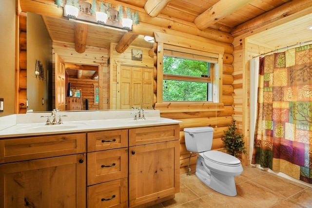 W6034 N Lake Dr, New Lisbon, WI 53950 - bathroom with log walls, wood ceiling with exposed beams, double vanity, a stall shower, and toilet