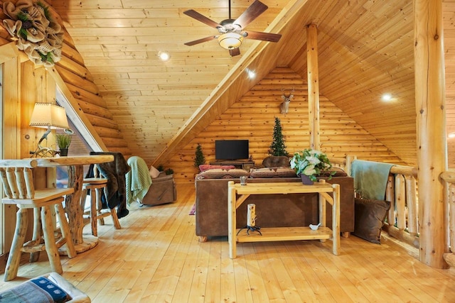 W6034 N Lake Dr, New Lisbon, WI 53950 - living area with rustic walls, wood ceiling, a ceiling fan, and hardwood / wood-style flooring