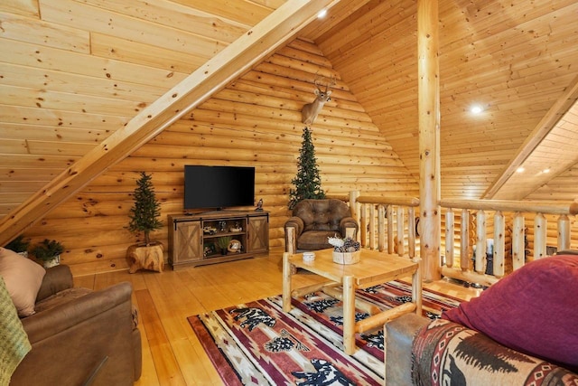 W6034 N Lake Dr, New Lisbon, WI 53950 - living area with rustic walls, wooden ceiling, and wood-type flooring