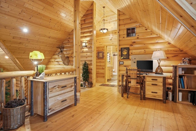 W6034 N Lake Dr, New Lisbon, WI 53950 - home office with wood ceiling, rustic walls, and light wood-type flooring