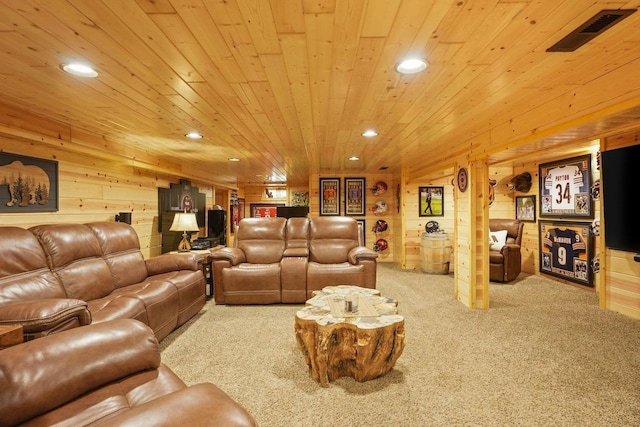 W6034 N Lake Dr, New Lisbon, WI 53950 - living room with carpet, wood ceiling, recessed lighting, and wooden walls