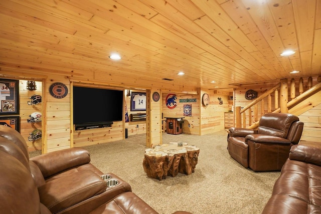 W6034 N Lake Dr, New Lisbon, WI 53950 - living area with wooden ceiling, wooden walls, stairs, carpet, and recessed lighting