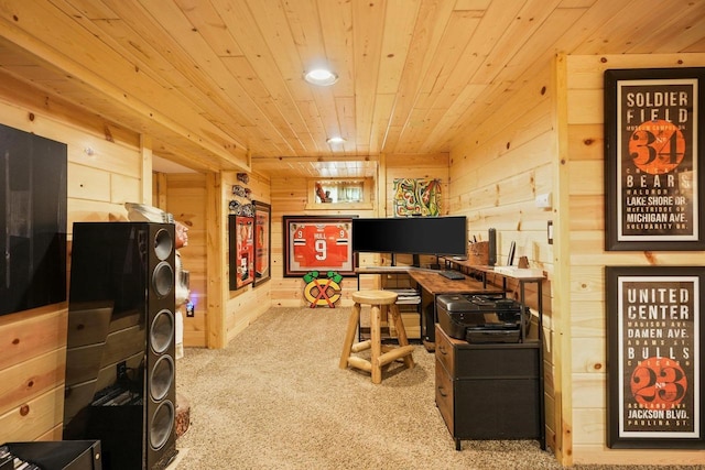 W6034 N Lake Dr, New Lisbon, WI 53950 - carpeted home office featuring wooden walls, wood ceiling, and recessed lighting
