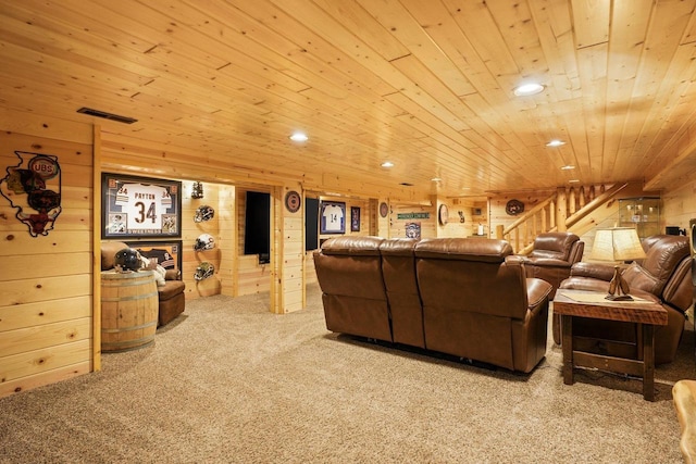 W6034 N Lake Dr, New Lisbon, WI 53950 - carpeted cinema room featuring wood ceiling, wooden walls, and recessed lighting