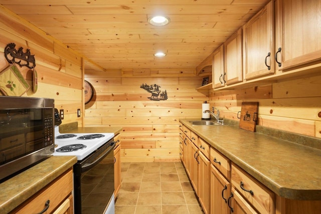 W6034 N Lake Dr, New Lisbon, WI 53950 - kitchen featuring a sink, wood ceiling, range with electric stovetop, stainless steel microwave, and wood walls