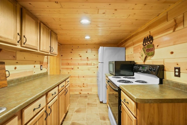 W6034 N Lake Dr, New Lisbon, WI 53950 - kitchen featuring range with electric cooktop, wooden ceiling, wood walls, recessed lighting, and light tile patterned flooring