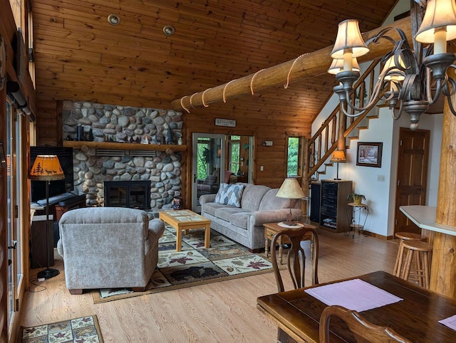 9213 Willow Ln, Fremont, WI 54940 - living area featuring wood finished floors, wooden ceiling, a fireplace, stairway, and high vaulted ceiling
