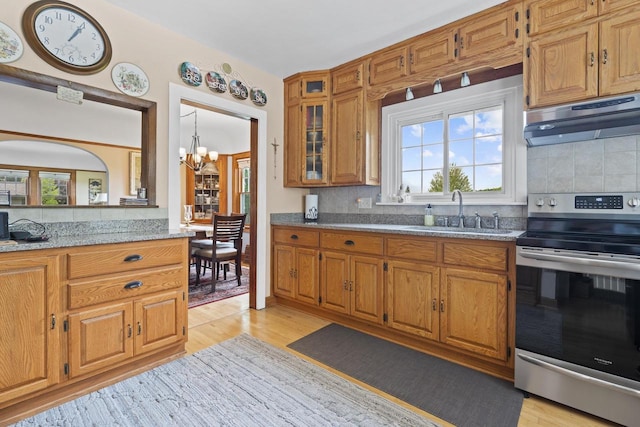11203 W Potter Rd, Wauwatosa, WI 53226 - kitchen featuring stainless steel electric range, exhaust hood, a sink, a chandelier, and tasteful backsplash