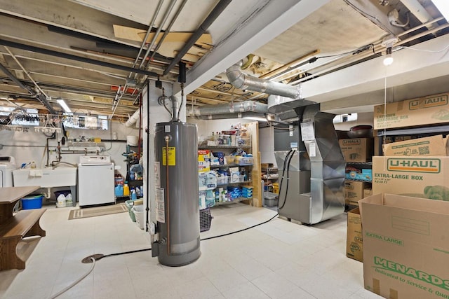 11203 W Potter Rd, Wauwatosa, WI 53226 - unfinished basement with washer / dryer, gas water heater, a sink, and heating unit