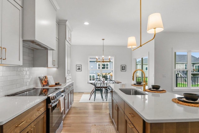 6562 Norski Ct, Windsor, WI 53598 - kitchen featuring electric range, a sink, wall chimney exhaust hood, light wood-style flooring, and healthy amount of natural light