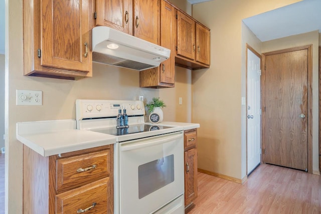 1603 Maplewood Dr, Little Chute, WI 54140 - kitchen with white range with electric cooktop, under cabinet range hood, light wood finished floors, brown cabinetry, and light countertops