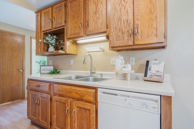 1603 Maplewood Dr, Little Chute, WI 54140 - kitchen featuring dishwasher, a sink, light countertops, open shelves, and light wood-style floors