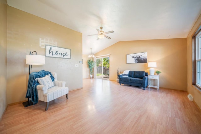 1603 Maplewood Dr, Little Chute, WI 54140 - sitting room with ceiling fan, light wood-style floors, vaulted ceiling, and baseboards