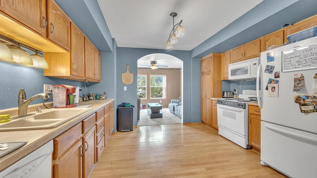 286 Ledgeview Ave, Fond Du Lac, WI 54935 - kitchen featuring white appliances, a sink, a ceiling fan, and light countertops