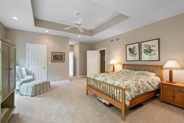 1261 Deer Ct, Lake Geneva, WI 53147 - bedroom featuring light colored carpet, baseboards, recessed lighting, ceiling fan, and a raised ceiling