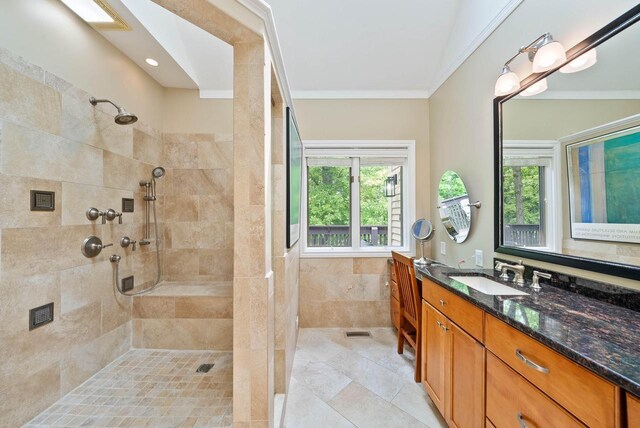 1261 Deer Ct, Lake Geneva, WI 53147 - full bathroom featuring a tile shower, vanity, and crown molding