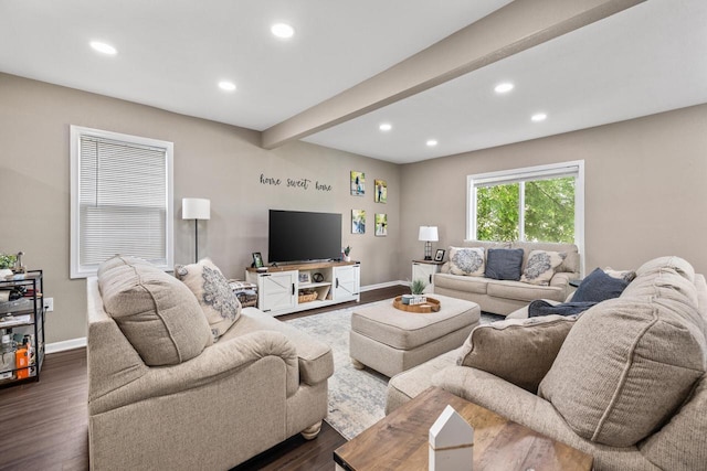 1514 S 96th St, West Allis, WI 53214 - living room featuring recessed lighting, baseboards, dark wood-type flooring, and beamed ceiling