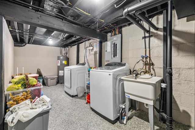 1514 S 96th St, West Allis, WI 53214 - unfinished basement featuring electric water heater, washer and clothes dryer, electric panel, and a sink