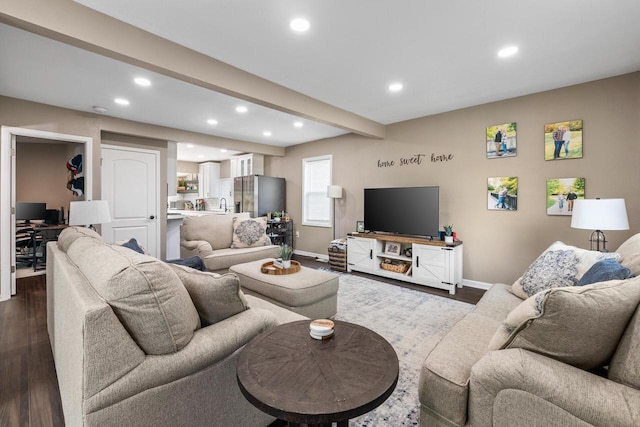 1514 S 96th St, West Allis, WI 53214 - living area with recessed lighting, dark wood-type flooring, baseboards, and beam ceiling