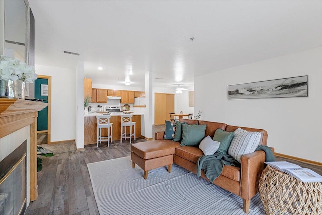 1972 Parknoll Ln, Port Washington, WI 53074 - living area with hardwood / wood-style floors, a glass covered fireplace, a ceiling fan, and baseboards