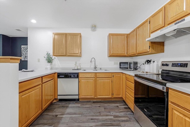 1972 Parknoll Ln, Port Washington, WI 53074 - kitchen with appliances with stainless steel finishes, a sink, under cabinet range hood, dark wood-style flooring, and recessed lighting