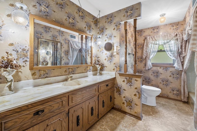 15075 Kings Ridge Ct, Brookfield, WI 53005 - bathroom featuring vanity, wallpapered walls, toilet, and baseboards