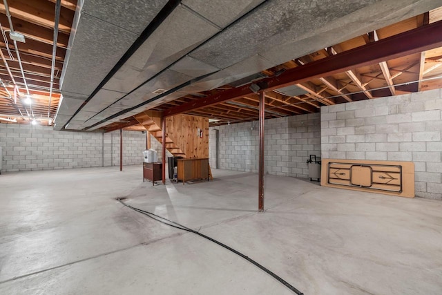 15075 Kings Ridge Ct, Brookfield, WI 53005 - unfinished below grade area featuring stairway and concrete block wall