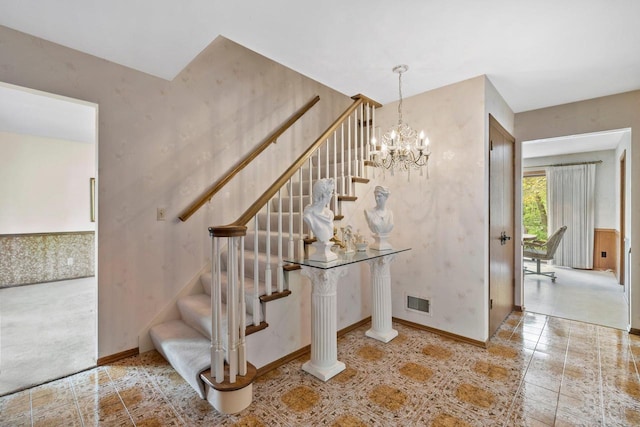 15075 Kings Ridge Ct, Brookfield, WI 53005 - stairs with a chandelier and baseboards